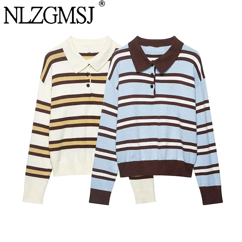 NLZGMSJ 2026 Frühling High Street Chic Damen Pullover Gestreifter Langarm-Strickpullover Neue Mode Damen-Oberteile