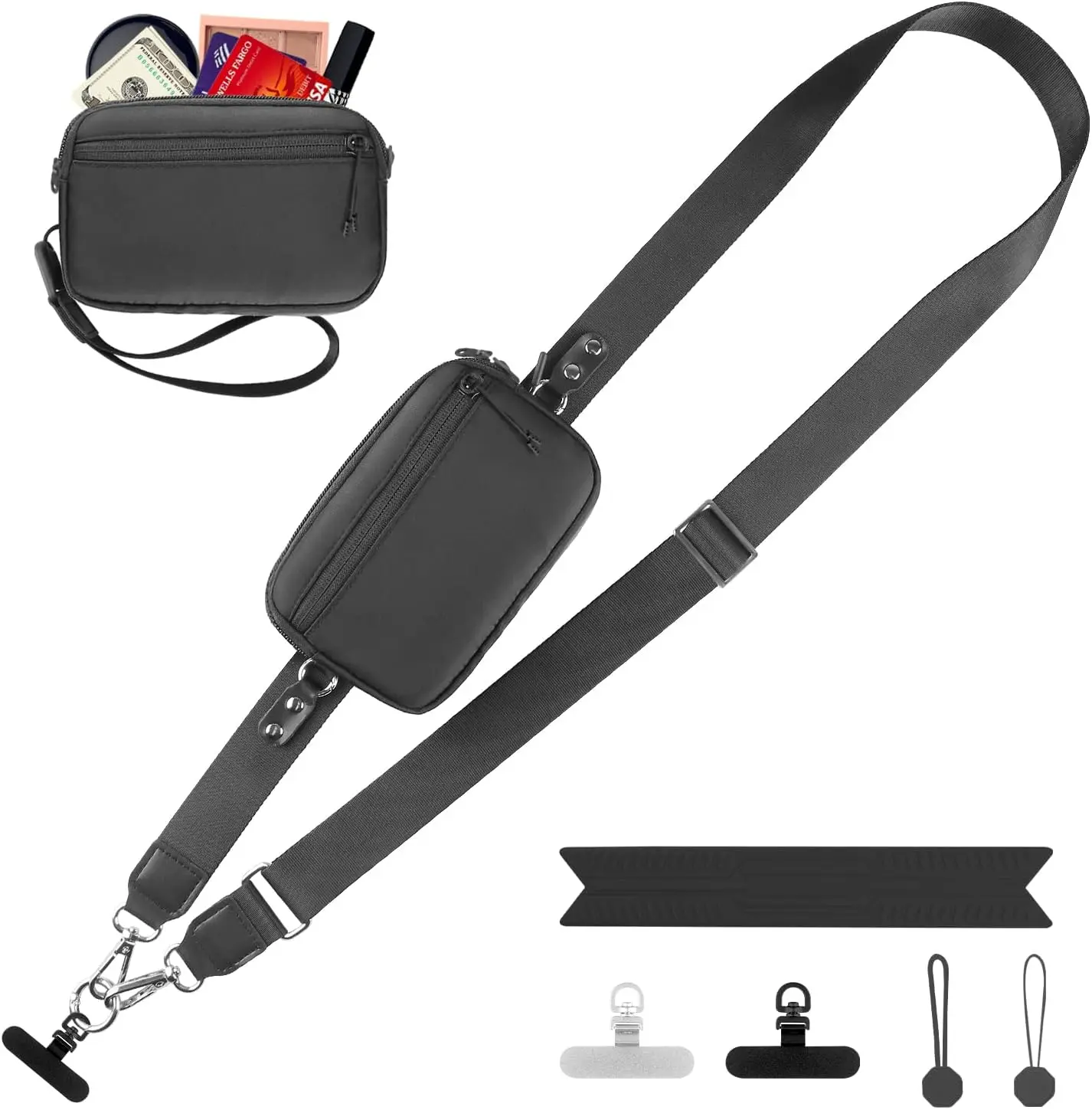 

Universal Phone Lanyard with Detachable RFID Wallet, Adjustable Crossbody Strap for All Phones (Black)