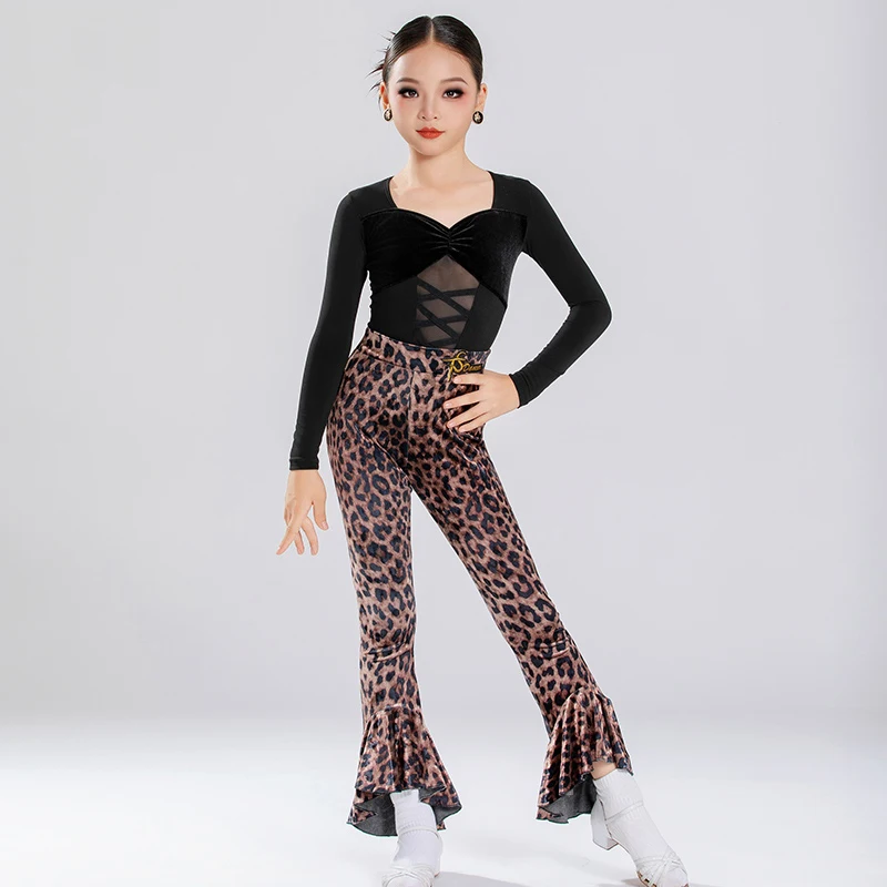 Kids Latin Dance Clothes Black Tops leopard Trousers Girls Practice Clothing Chacha Ballroom Dance Performance Costume BL17365