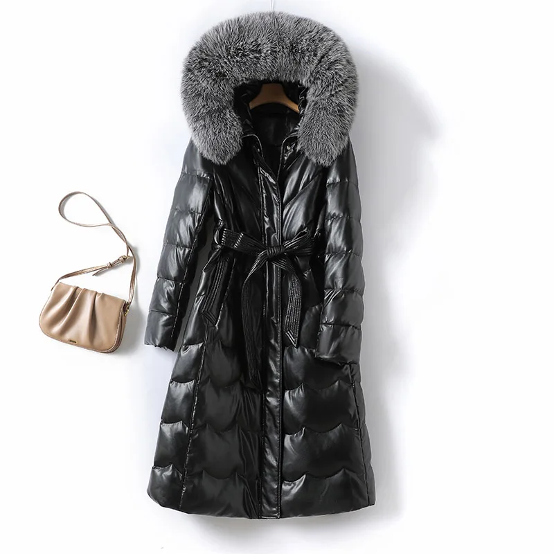 

Down Jacket Women's Lace-up Slim Hooded Parkas Real Fur Collar Sheep Skin Warm Outerwear 2022 Winter White Duck Down Thick Coats