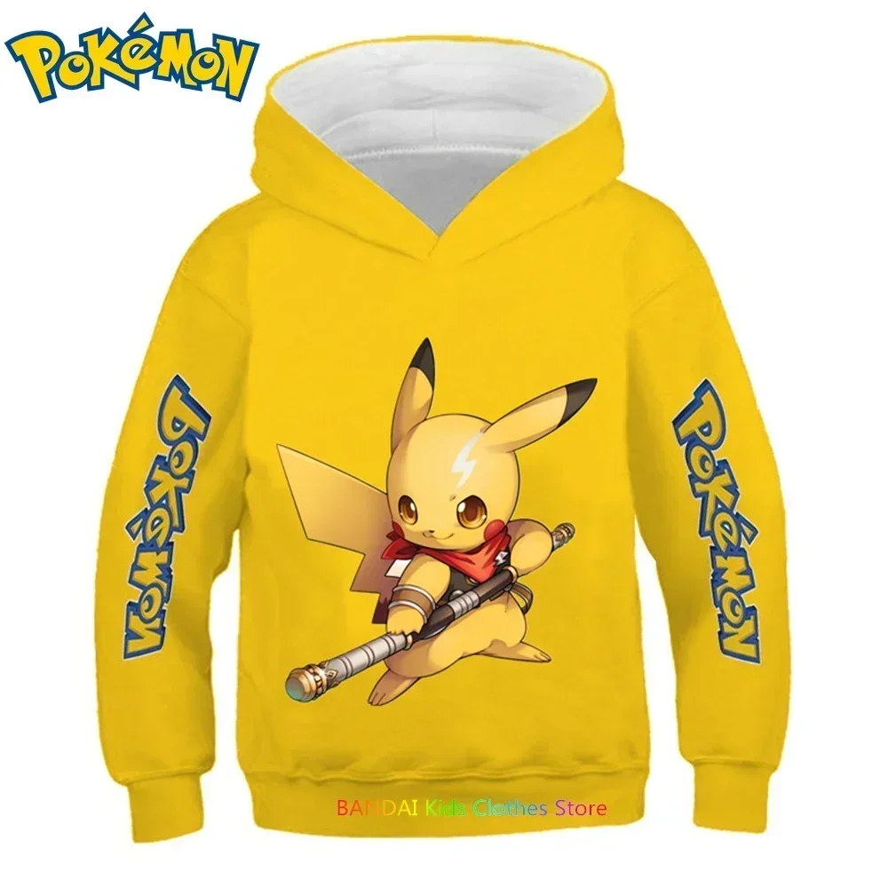 2023 New Pokemon Monster Print Hoodie Kids' Fashion Cartoon Animation Pikachu Hoodie Street Boys' Cotton Long Sleeve Hoodie