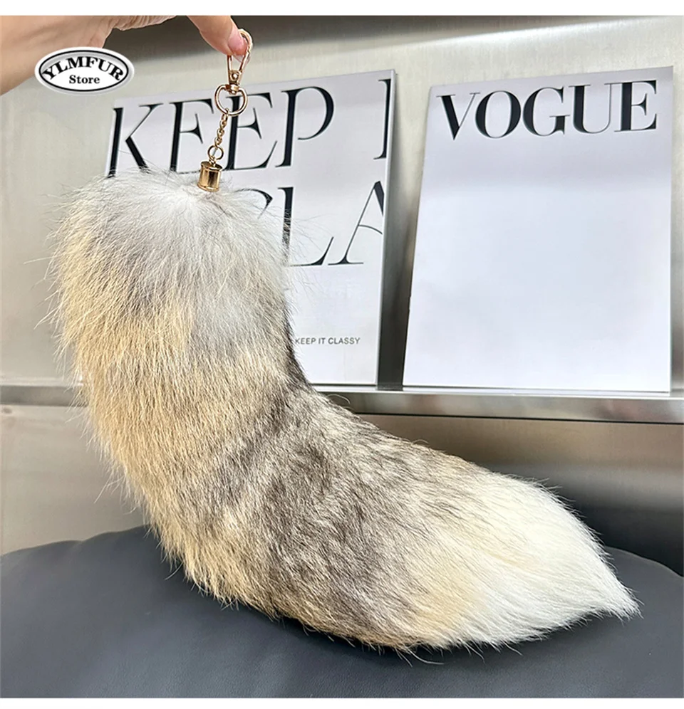 natural fox tail keychain furry 2024 chic y2k fox fur   keyring Car accessory length 40 cm furry fur tail keychains For Women