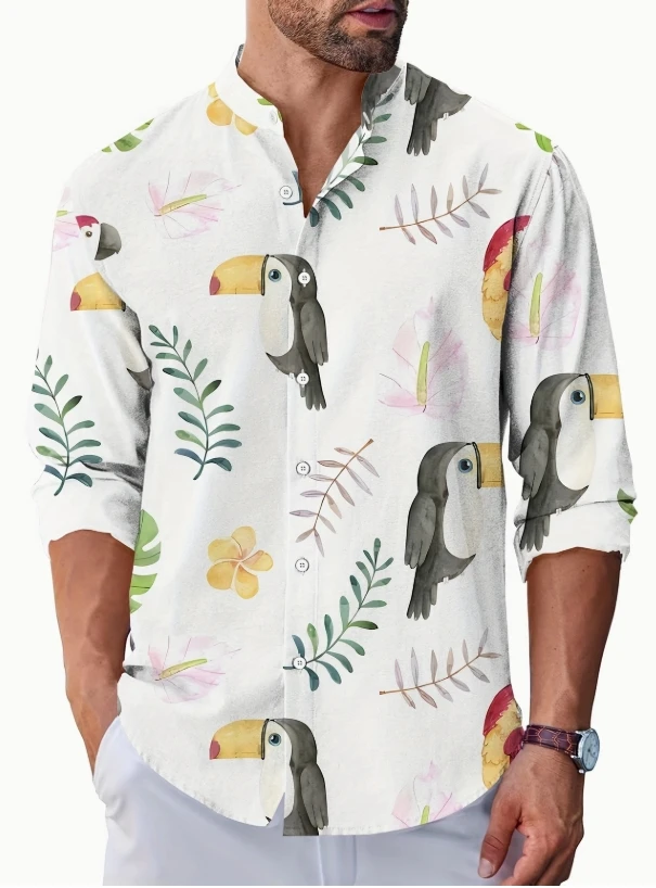 

Men's Regular Fit Long Sleeve Shirt with Abstract Leaf Print - Blue & Yellow on Light Beige, Classic Collar Button-Up,2025
