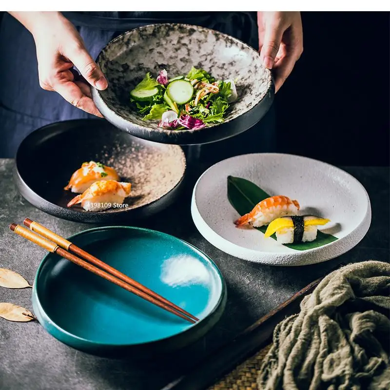

Ceramic Plate Japanese Retro Tableware Irregular Thick-edged Deep Restaurant Serving Sushi Soup