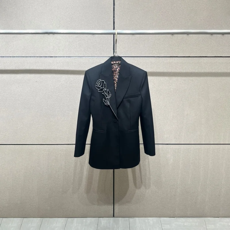 2025 autumn new women's lapel diamond flower decoration black suit jacket high-quality y2k fashionable commuting straight jacket