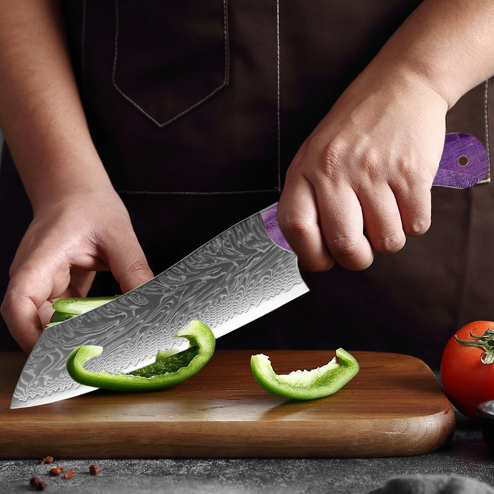 Japanese Santoku Knife Damascus Steel 7 inch,Professional Kitchen Knife for Meat and Vegetables Ergonomic Purple Wood Handle