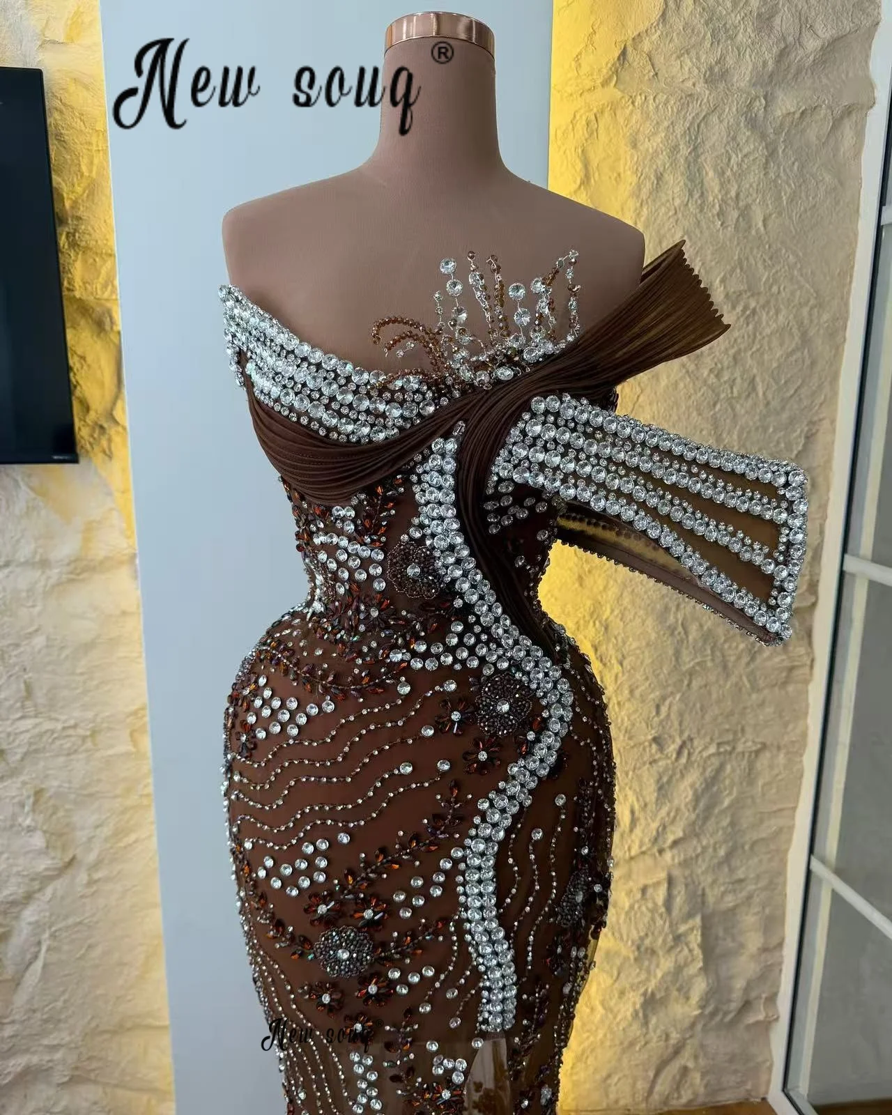 Brown One Shoulder Luxury Prom Dresses Beaded Lace Long Sheath Dress Ladies Wedding Guest Gowns Dubai Birthday Party Customized