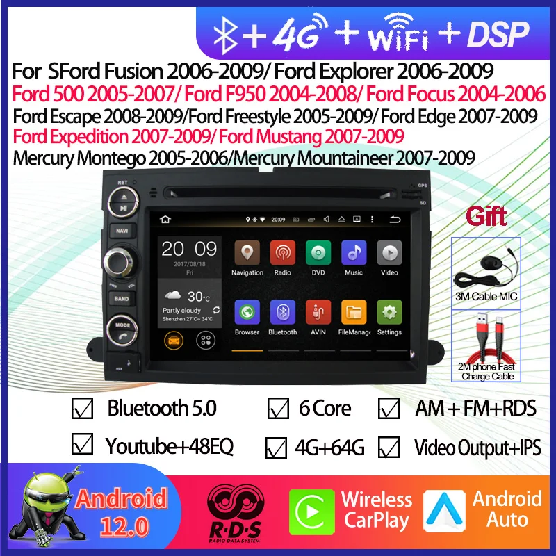 Android 12 Car GPS Navigation Audio Radio Stereo For Ford Fusion/Explorer/Focus/Expedition/Mustang/F950  2006-2009  Head Unit