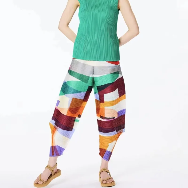 

GGHK Miyake Pleated Colorblocking Print Design Women Banana Pants Fashion Casual Elastic Waist Vintage Female Pants Streetwear