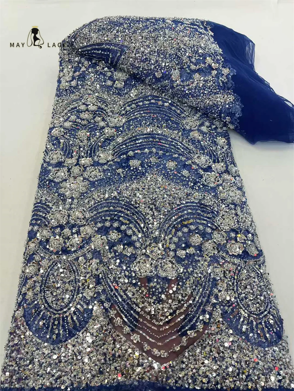 

2026 New Design Luxury African Beaded Lace Fabric 5 Yards of African Sequins Lace Fabric For Wedding Party Gown Sewing Material