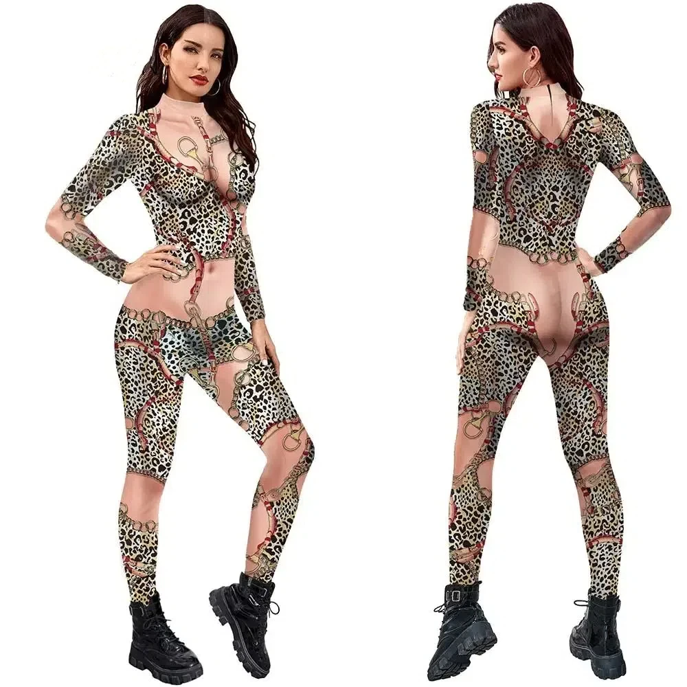 

Purim Women's Sexy Digital Printed Role Playing Bodysuit Costume Tight Fit Fitness Wear Long Sleeve Jumpsuits Halloween Party