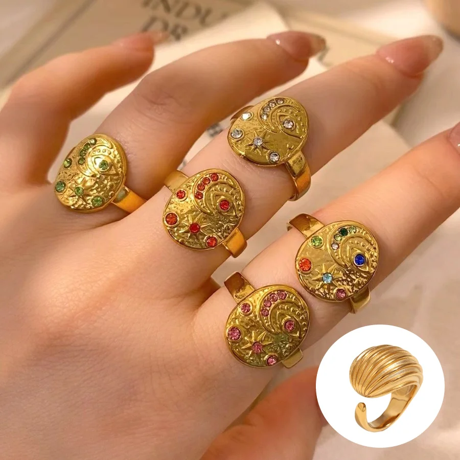 Stainless Steel Gold Plated Muticolor Zircon Star Moon Eye Charms Ring Fashion Devil's Eye Open Ring Hand Jewelry Women Gift