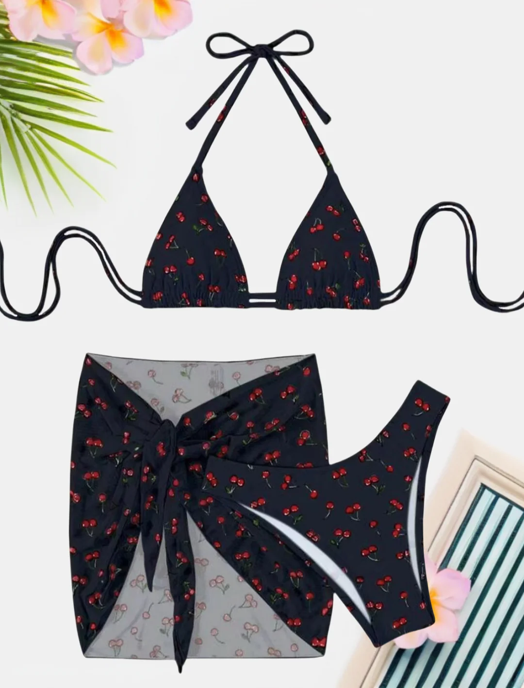 Women\'s Cherry Print Sexy Bikini Set Halter Neck Backless Swimsuit 3 Piece Swimsuit Triangle Bikini Swimsuit with Beach Skirt​