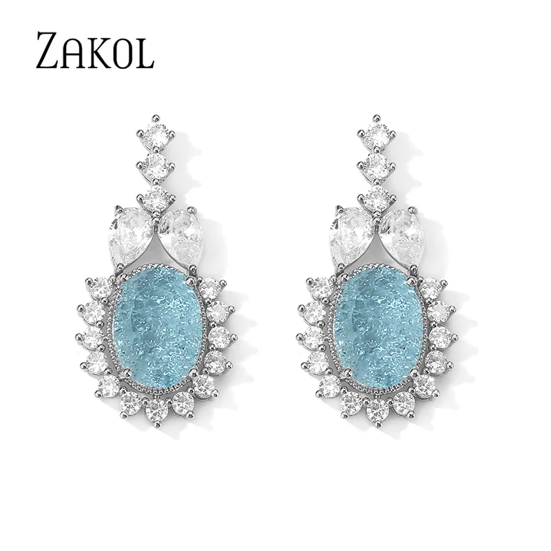 ZAKOL Fashion Light Blue Oval Drop Earrings Shiny Burst Cubic Zirconia Women Earring for Bridal Wedding Party Jewelry