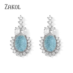 ZAKOL Fashion Light Blue Oval Drop Earrings Shiny Burst Cubic Zirconia Women Earring for Bridal Wedding Party Jewelry