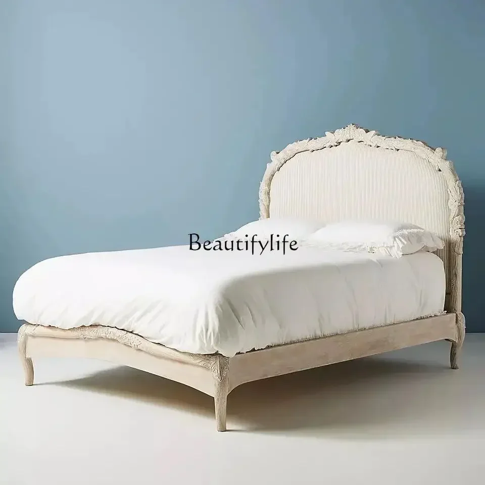 yj21  Hand-Carved French Solid Wood Princess Bed American Antique Relief Bird Fabric French Retro Double Soft Bed