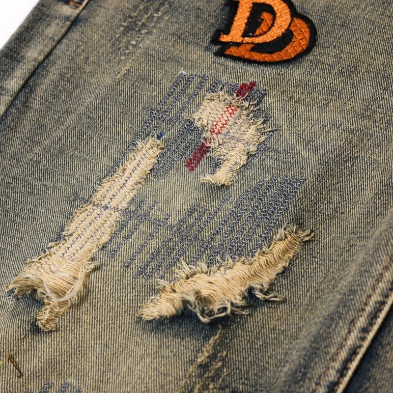 Ripped Jeans Men's American High Street Retro Washed Distressed Trousers 2024 New Pu Shuai Special Color Denim Pants