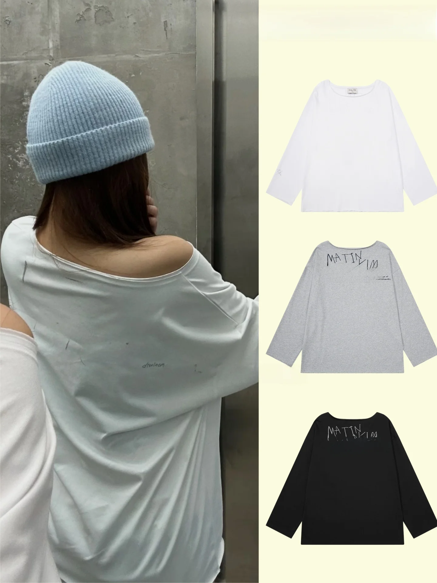 

Shoulder Bared Long Sleeve Cotton T-shirt Women's Loose Fit Korean Style Spring Summer Thin New Arrival Letter Pattern Tee