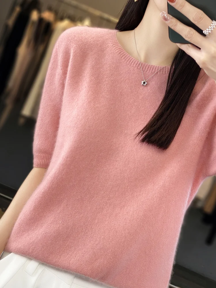 Meia Manga Cashmere Mulheres Camisolas De Malha 100% Pure Merino Lã Primavera Moda O-Neck Top Pullover Não-Conectar Uma Linha