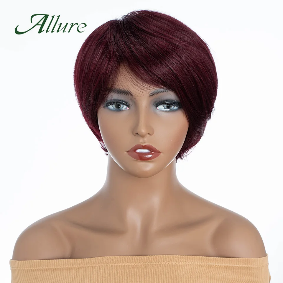 

Brazilian Straight Human Hair Wig With Bang 99J Short Burgundy Colored Bob Pixie Cut Wigs For Black Women Cheap Hair Wig Allure