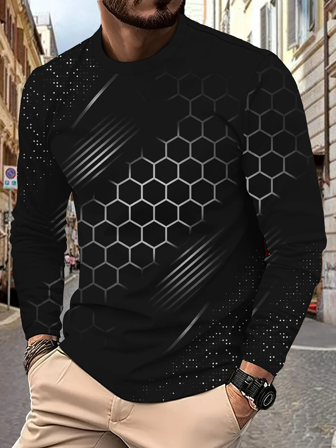 Fashion Men 3D Honeycomb Geometric Long Sleeve T Shirt Crew Neck Casual Streetwear Graphic Tops Male Autumn Daily Outfit
