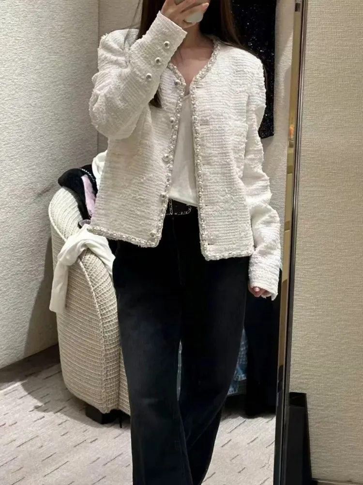 Autumn New Women Pearls Beading Tweed Jacket Single Breasted Office Ladies Work Casual Twill Coat Elegant Party Outwear Jackets