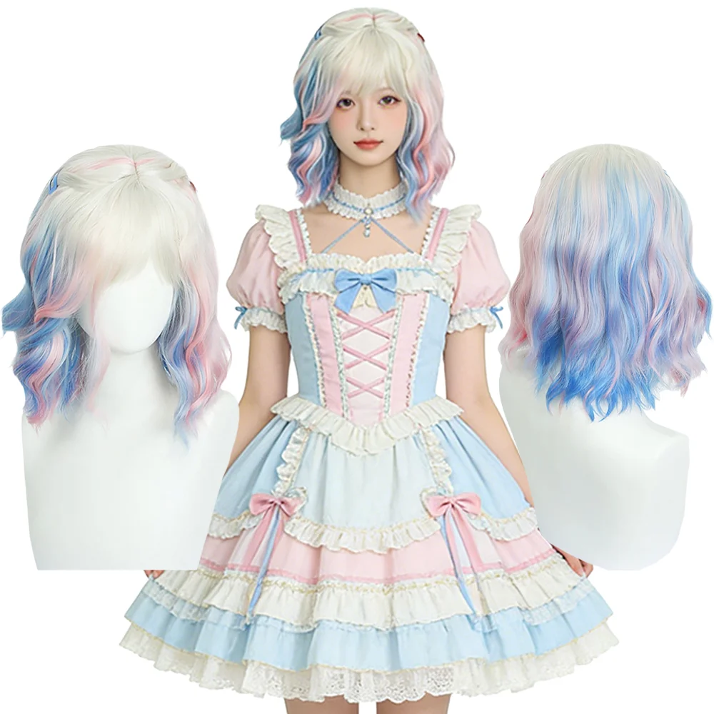 

Enid Sinclair Cosplay Wig Short Wavy Pastel Pink Blue Ombre With Bangs Heat Resistant Synthetic Hair For Women Party Daily Wear