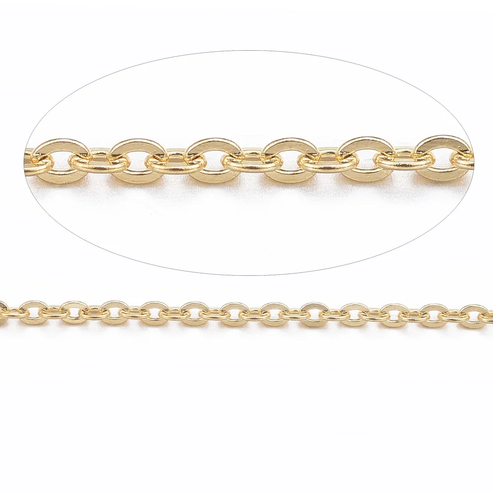 Ion Plating(IP) 304 Stainless Steel Cable Chains for DIY Jewelry Making Soldered with Spool Flat Oval Golden 1.5x1.3x0.3mm