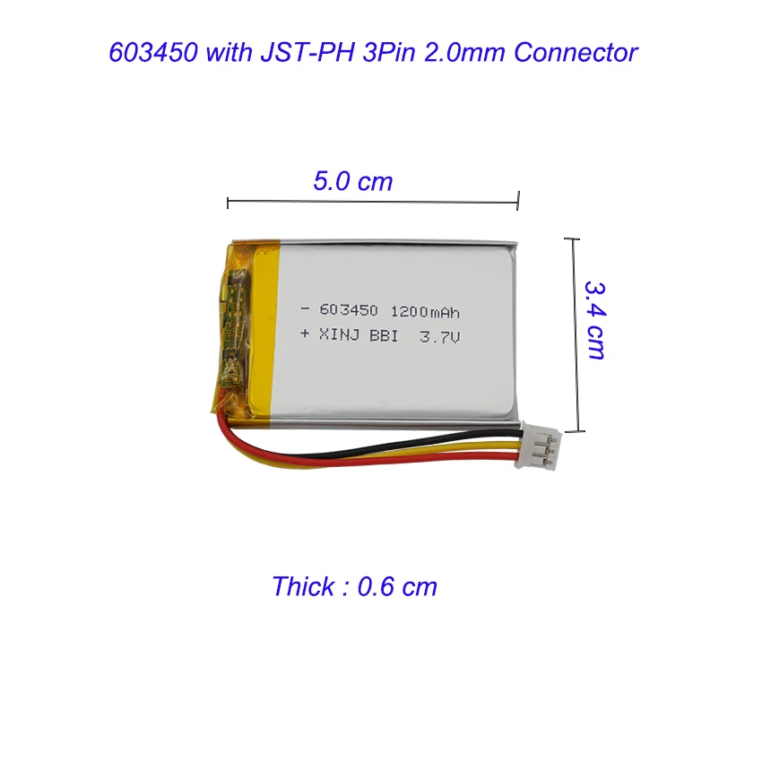 3.7V 1200mAh 4.44Wh Thermistor NTC 3 Wire Polymer Li Lipo Battery 603450 JST 3Pin2.0 Connector For GPS DashCam Hayward AquaPod 2