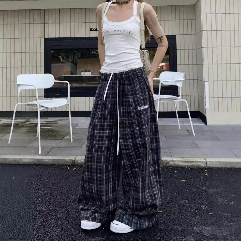 

Plaid splicing wide-leg pants women's spring and autumn high waist loose casual drape straight floor trousers