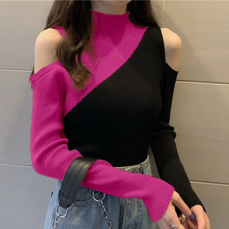 Fashion Stand Collar Spliced Off Shoulder Blouses Women\'s Clothing 2023 Autumn Winter Slim Korean Pullovers Office Lady Shirts