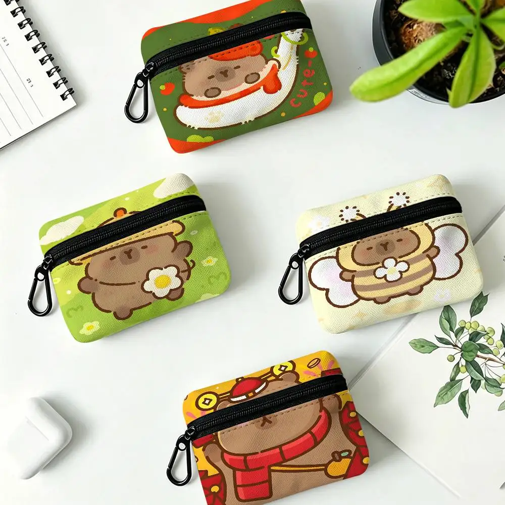 Capybara Portable Mini Oxford Cloth Coin Purse With Carabiner Hook Zipper Key Card Earphone Storage Wallet