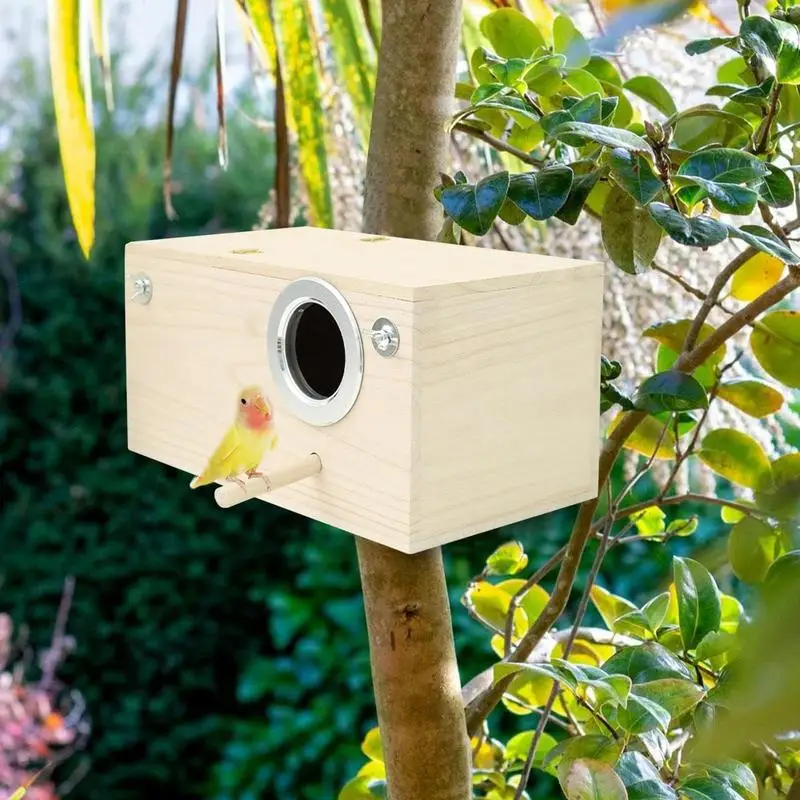 Wood Bird House Nest Birds Breeding Box With Perch Stand Spring Bird Parrot Breeding Decorative Bird Cage Mating Box Accessories