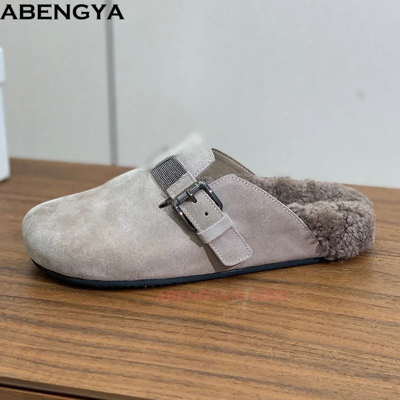 Hot Sales Cow Suede Slippers Women Round Toe Mules Shoes Women Winter Flat Slides Metal Buckle String Bead Wool Slippers Woman