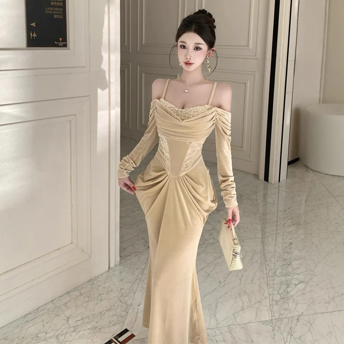 Elegancka sukienka wieczorowa w stylu vintage z cekinami, aksamitu i szampańskiego koloru, damska, z koronkowymi wstawkami, marszczona, dopasowana, typu syrena, na imprezę, studniówkę, vestidos, suknia.