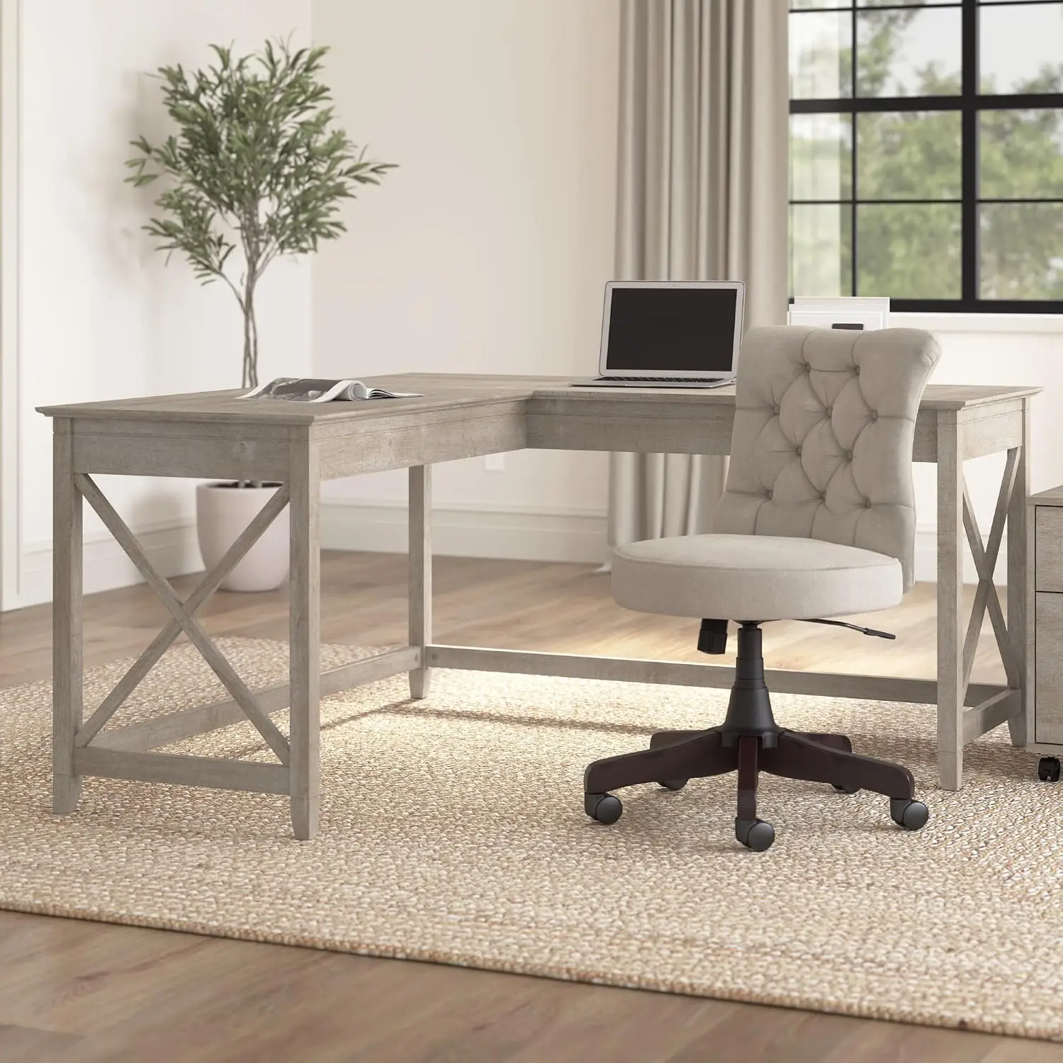 Modern Farmhouse L Shaped Desk 60W Washed Gray Corner Computer Table Home Office Workspace, Customized