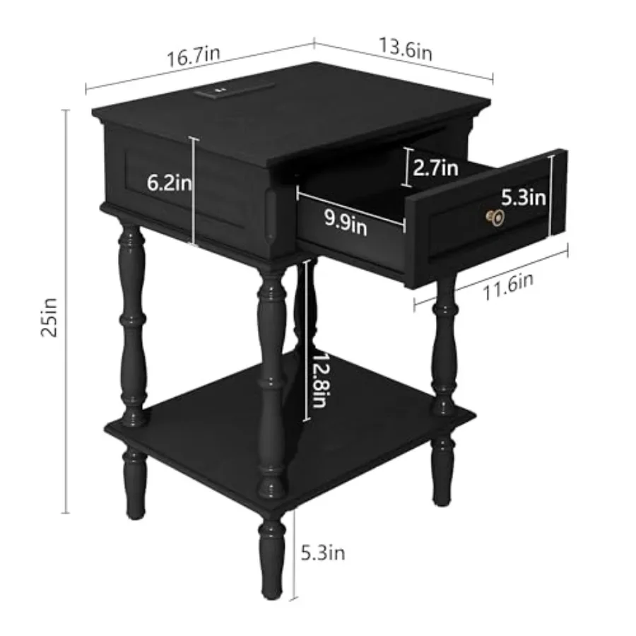 Nightstands Set of 2 with Charging Station and Storage Shelf