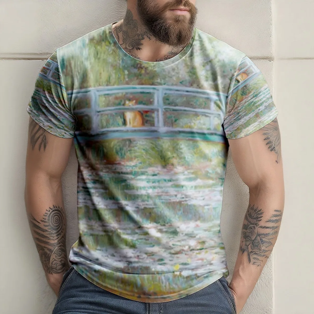 クラウド・オレンジ・オン・ジャパニーズ・ブリッジ・ウォーターリリー・ポンド・ポスター新着ファッションメンズ半袖オールオーバープリントTシャツU