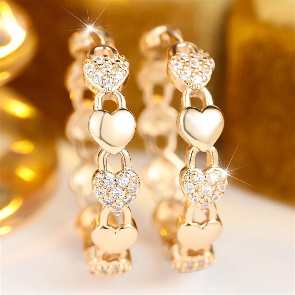 Vintage Hollow Love Heart White Zircon Round Stone Hoop Earrings For Women Gold Color Ear Buckle Wedding Jewelry Versatile Gifts