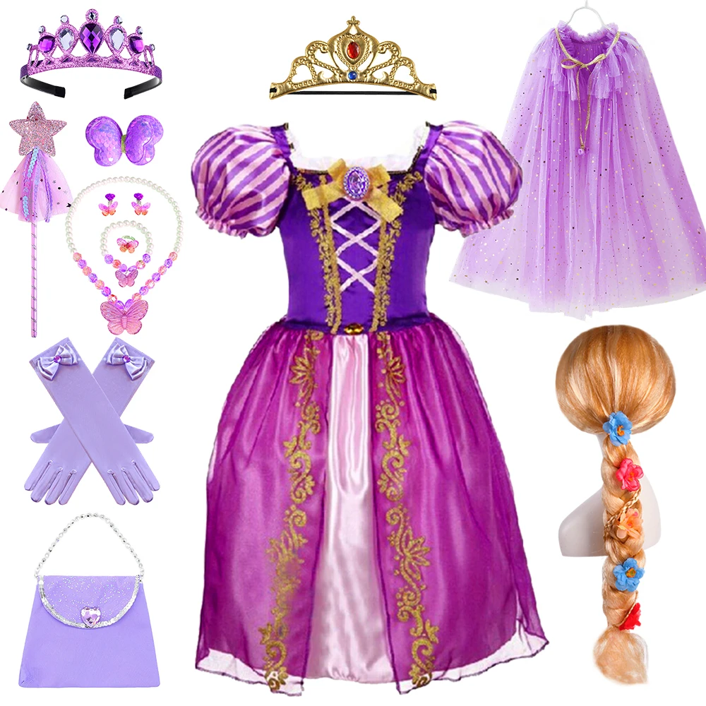 Vestido de Rapunzel para niña, disfraz de princesa enredada para Halloween, fiesta de carnaval, manga abullonada púrpura, Lush Sofia, peluca de hada