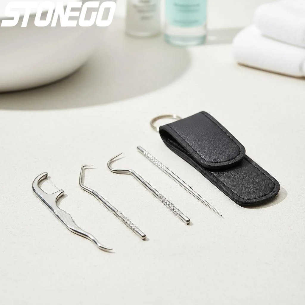 Portable Titanium Toothpick Set 4Pcs with Metal Holder for Oral Hygiene Travel Camping Hiking Essential Dental Floss Picks