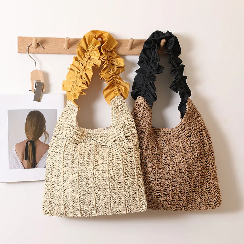 Tas Anyaman Jerami dengan Ruffle, Tas Selempang Warna Solid Model Terbaru, Tas Pantai Liburan, Tas Bahu Wanita, Tas Tangan Wanita Unik