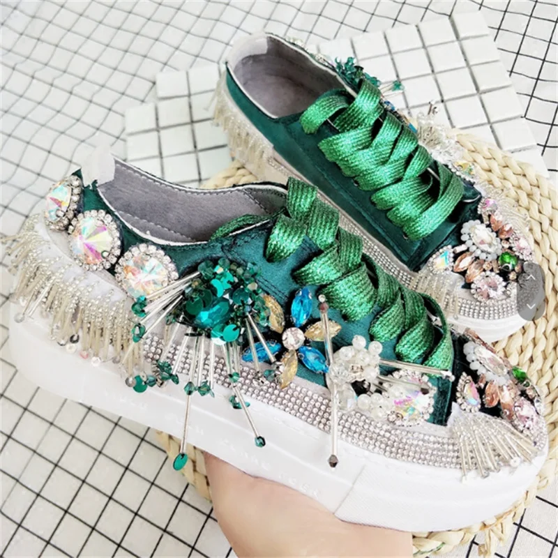 Sequin tassel rhinestone three-dimensional flower canvas shoes hand-customized green flower satin top sports women's shoes 35-40