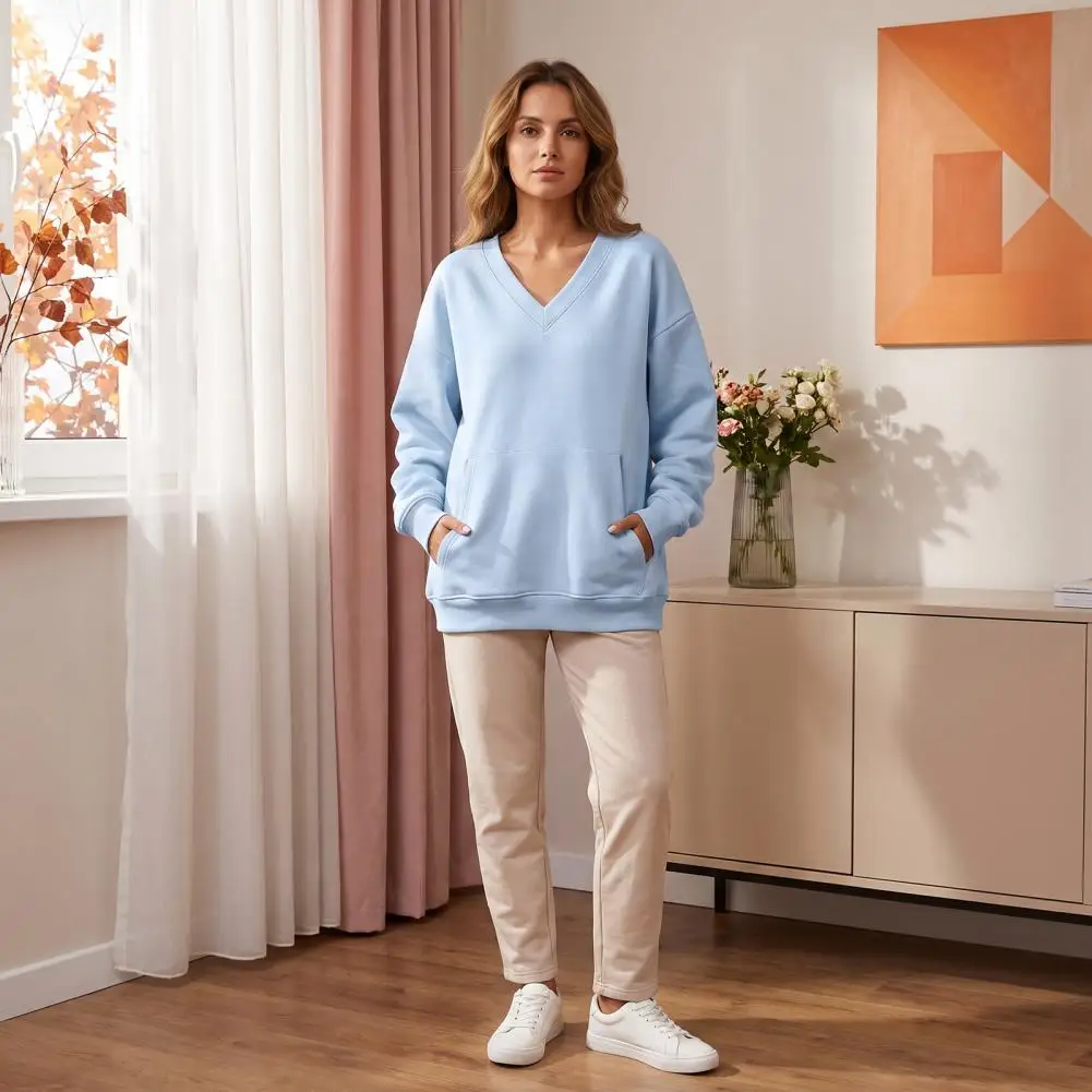 Solid Color Everyday Top Pullover Tops for Women Women V-neck Sweatshirt Oversized Pullover Solid Color Long Sleeve for Fall