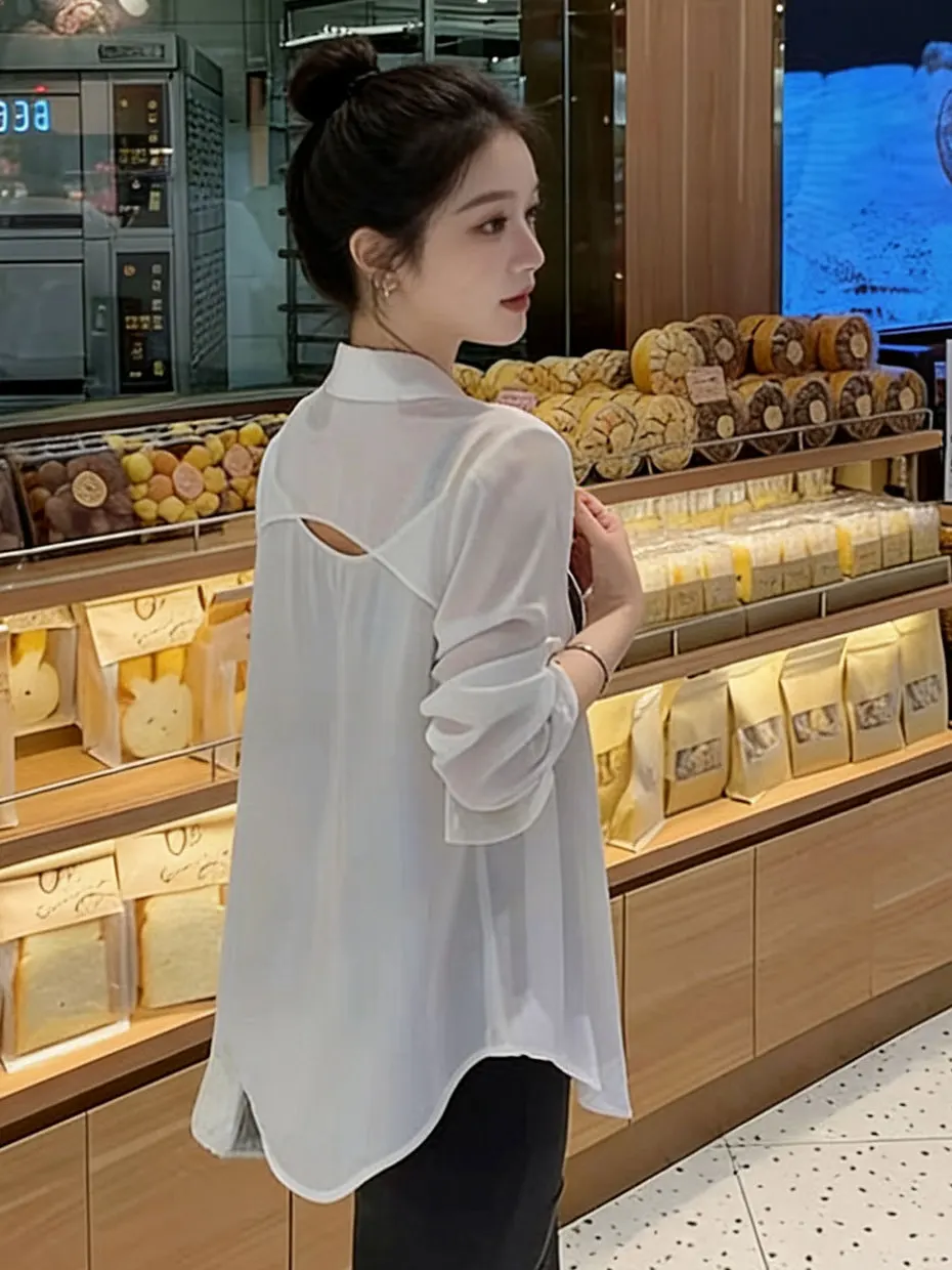 

Ladies Loose Long Sleeve White Thin Chiffon Shirt Coat Summer New Style 2026 Casual Wear for Women Elegant Style Polyester Fiber