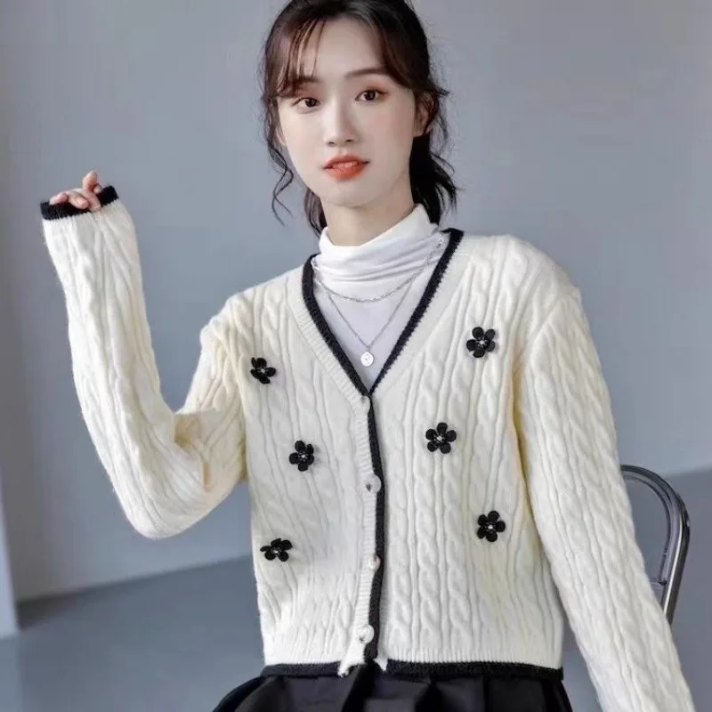 V-neck Jacquard Knitting Cardigan Women Autumn Winter Elegant Temperament Sweater Coat Simplicity Office Lady All-match Knitwear