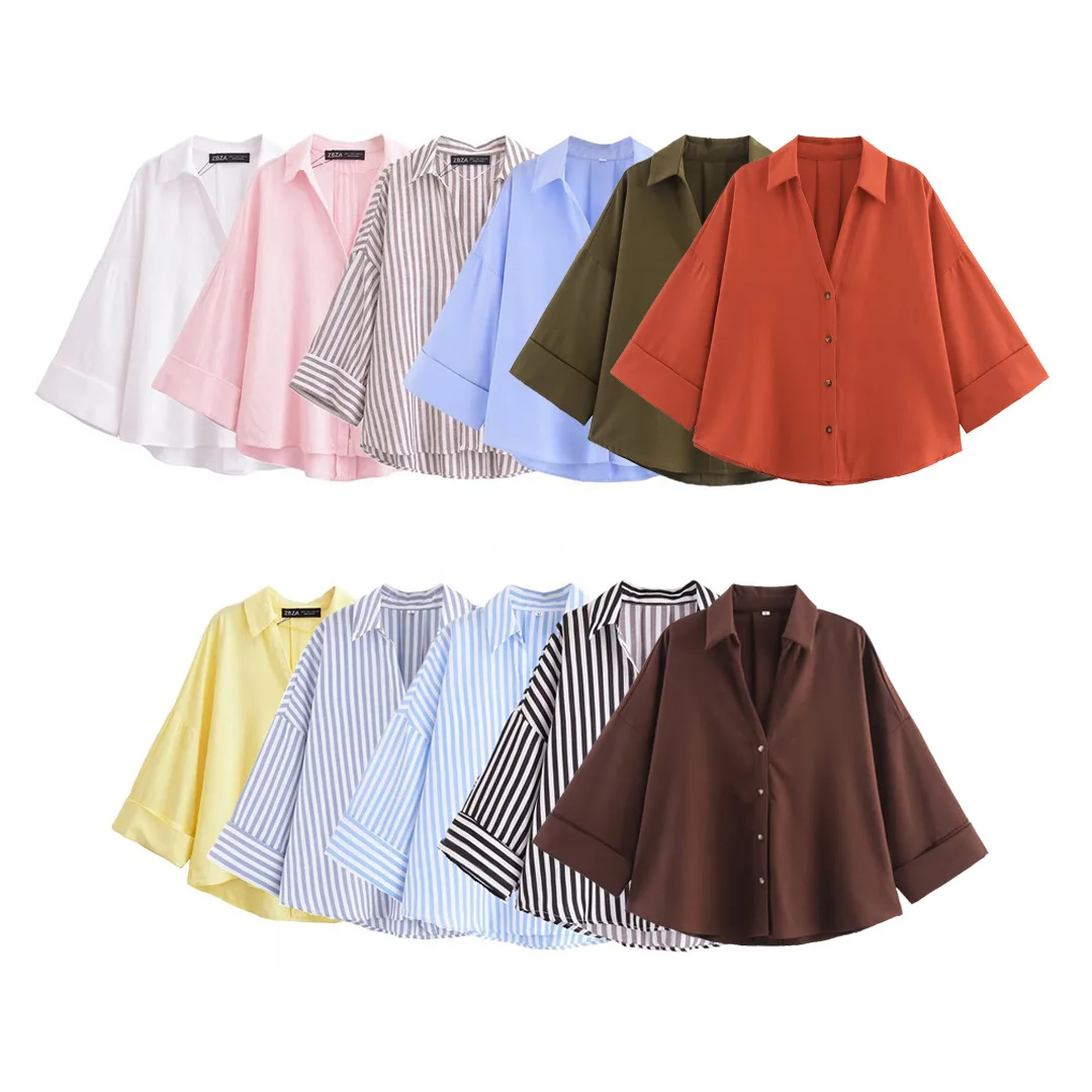 2025 Camisa de mujer Camisas y blusas de gran tamaño cortas de verano Camisa a rayas blanca, azul, rosa y marrón Blusas elegantes de manga larga