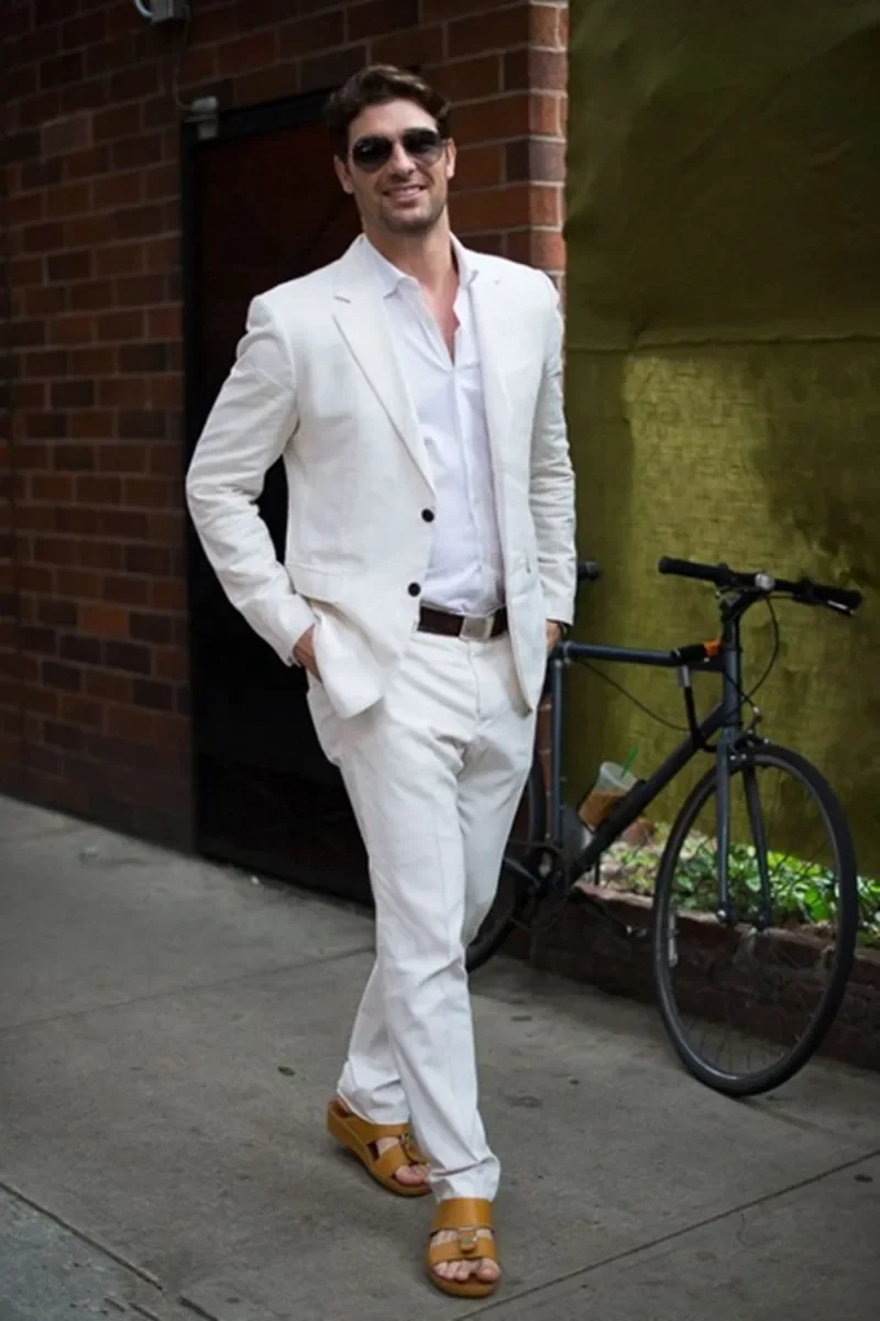 

2024 Fashion White Summer Linen Casual Men Suit High Street Slim Fit Blazer Hombre High Quality Custom 2 Piece Set Costume Homme