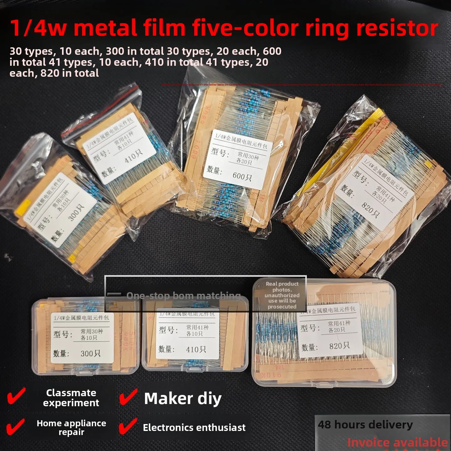 1/4Wlm component pack with 30 types and 41 options; five-band resistors for home appliance repair resistor kits
