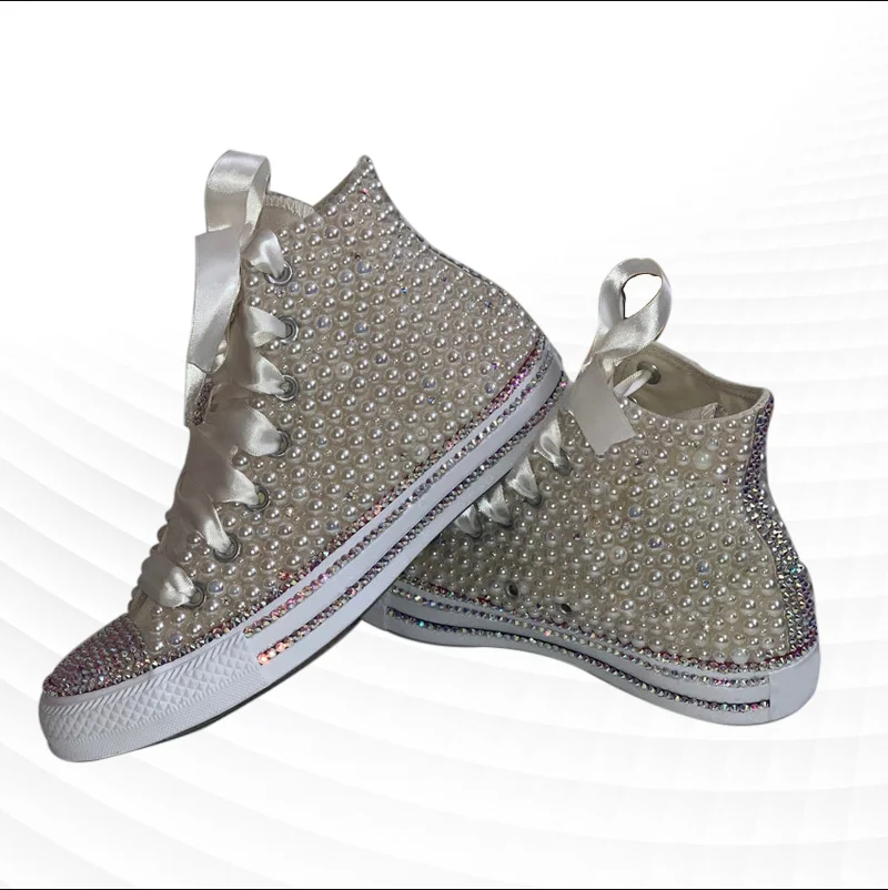 Custom pearl rhinestone sequin lace High top all-fit sports leisure walking canvas shoes for men and women large size 35-46